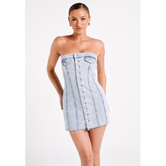 Meshki Tiani Buttoned Denim Mini Dress in Light Blue Size Medium - Picture 1 of 8